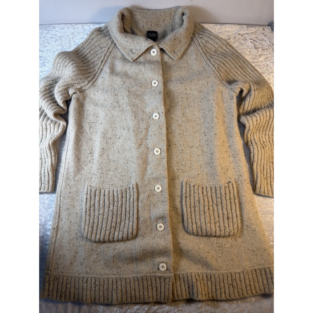 Eileen Fisher Women L Lambswool Angora Cardigan Sweater Jacket Wool Speckled